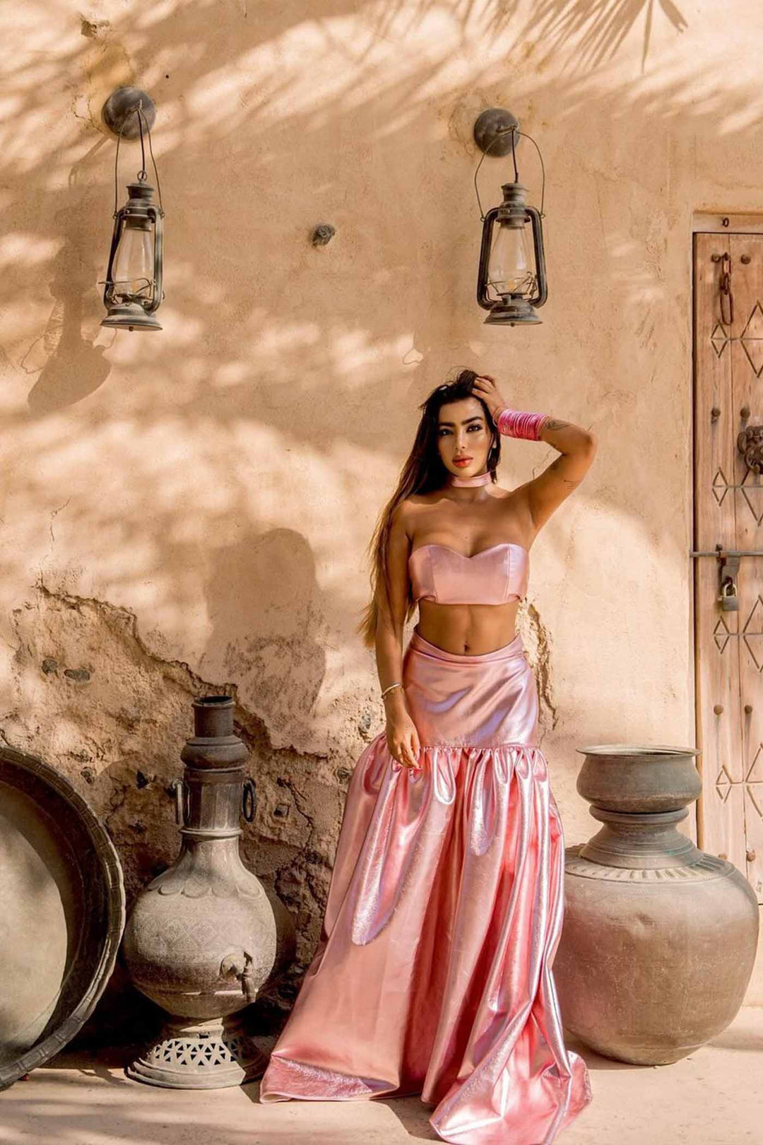 PINK METALLIC BRALETTE & LONG SKIRT