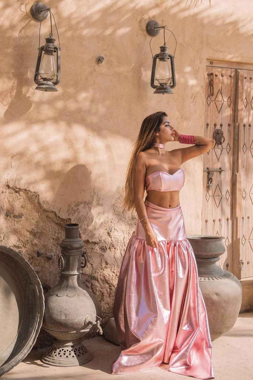 PINK METALLIC BRALETTE & LONG SKIRT