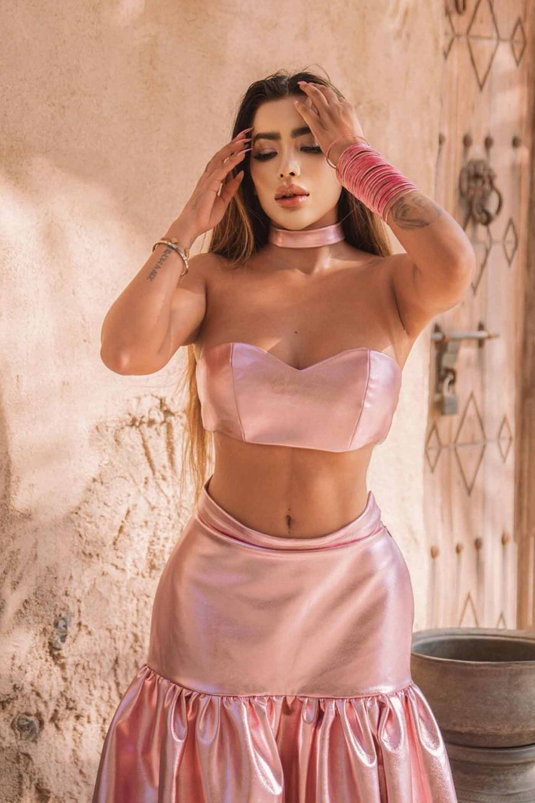 PINK METALLIC BRALETTE & LONG SKIRT