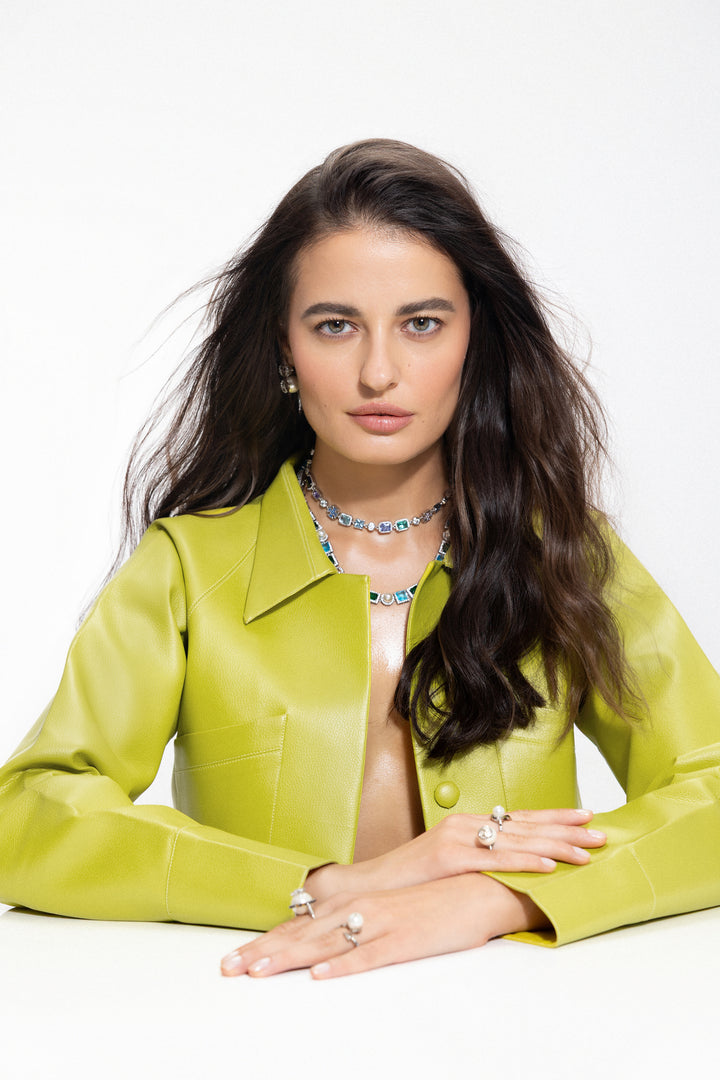 EVA PEA GREEN CROPPED JACKET WITH MATCHING BANDEAU & MINI SKIRT