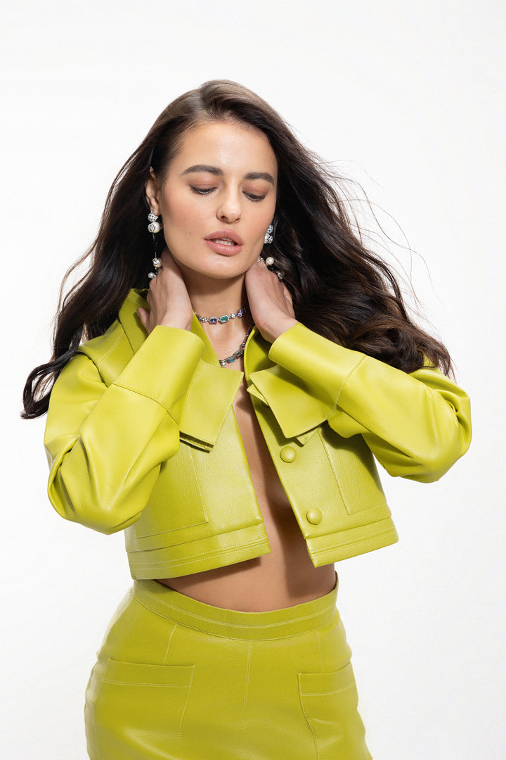 EVA PEA GREEN CROPPED JACKET WITH MATCHING BANDEAU & MINI SKIRT