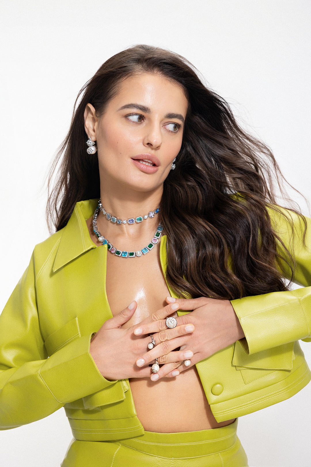 EVA PEA GREEN CROPPED JACKET WITH MATCHING BANDEAU & MINI SKIRT