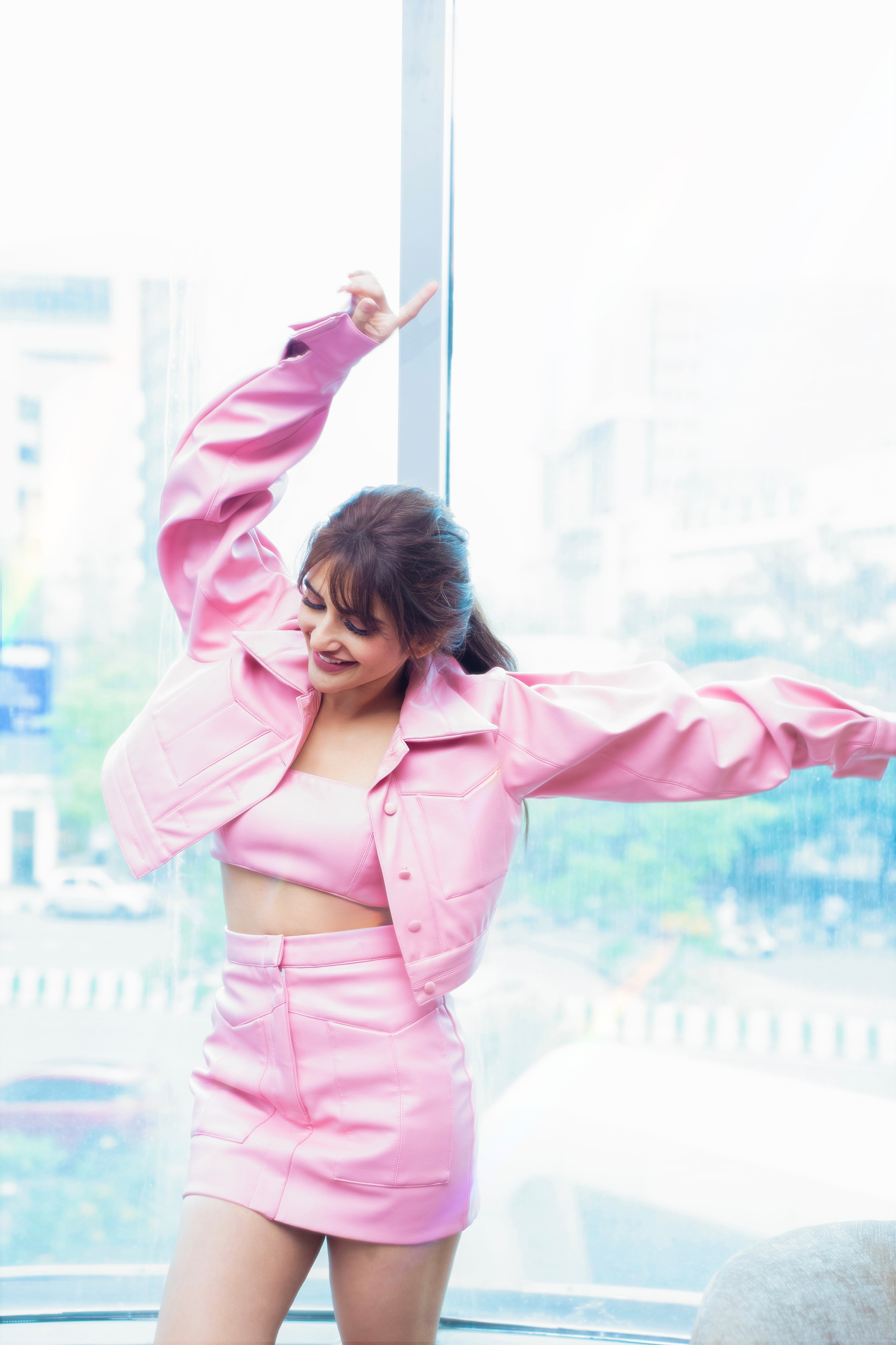 KOA BLUSH CROPPED JACKET WITH MATCHING BANDEAU & MINI SKIRT