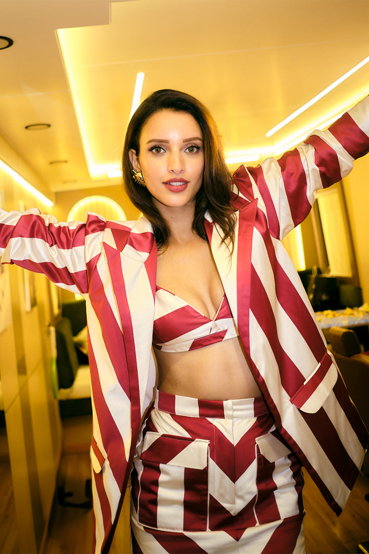 Tripti Dimri in Ilta White& Red Jacket with Bandeau and Skirt