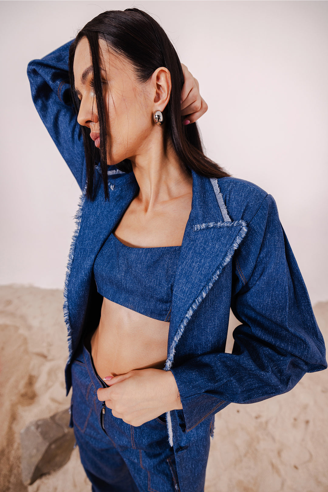 TAVI INDIGO BLAZER WITH MATCHING BANDEAU & CARGO PANTS