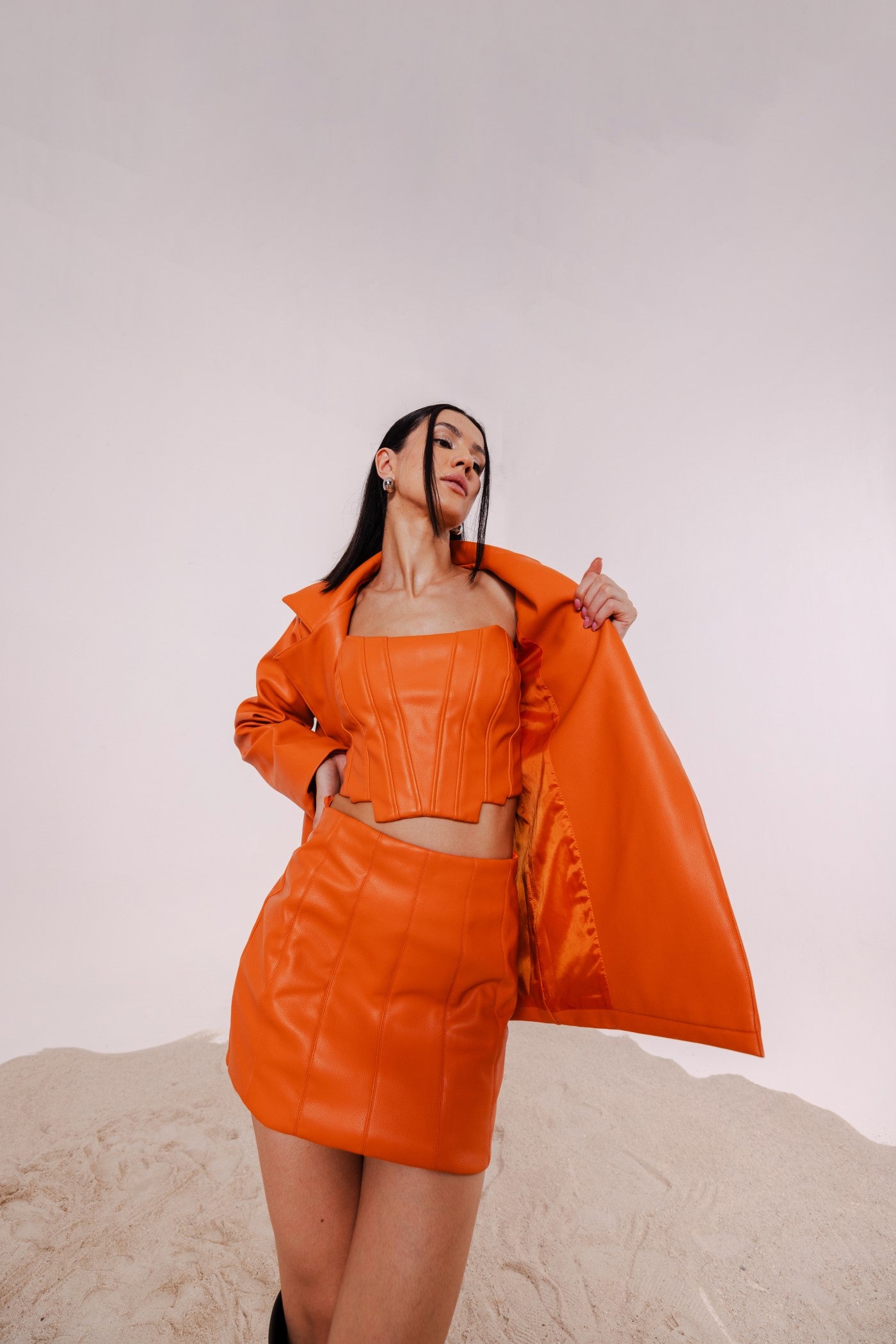 RAINI ORANGE JACKET WITH CORSET MINI SKIRT July Issue