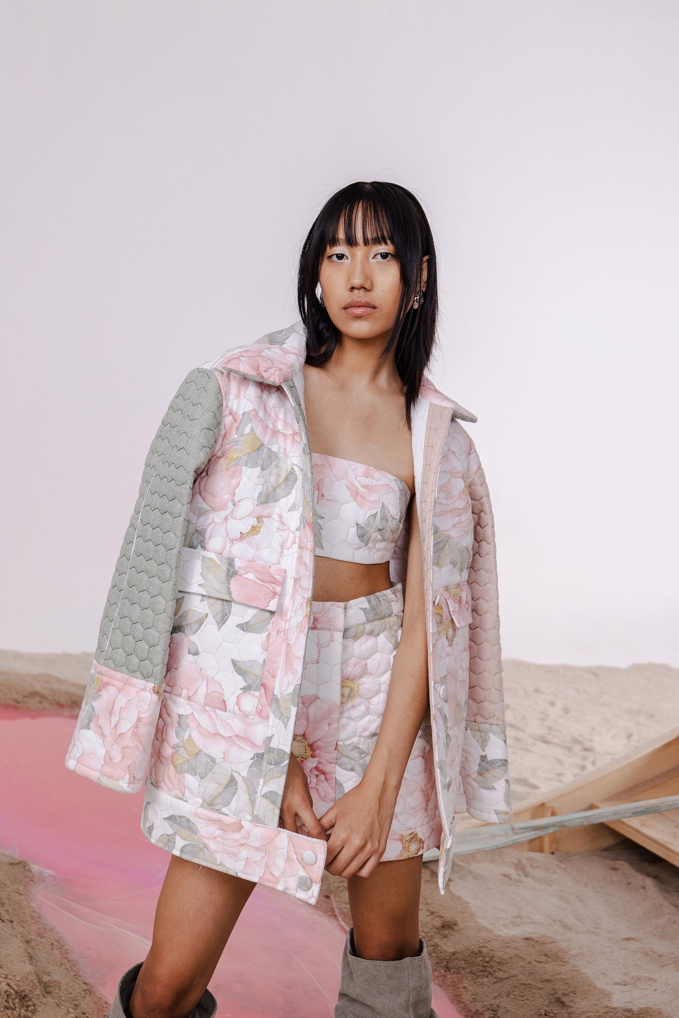 DOVE PASTEL OVERSIZED QUILTED JACKET WITH BANDEAU & MINI SKIRT