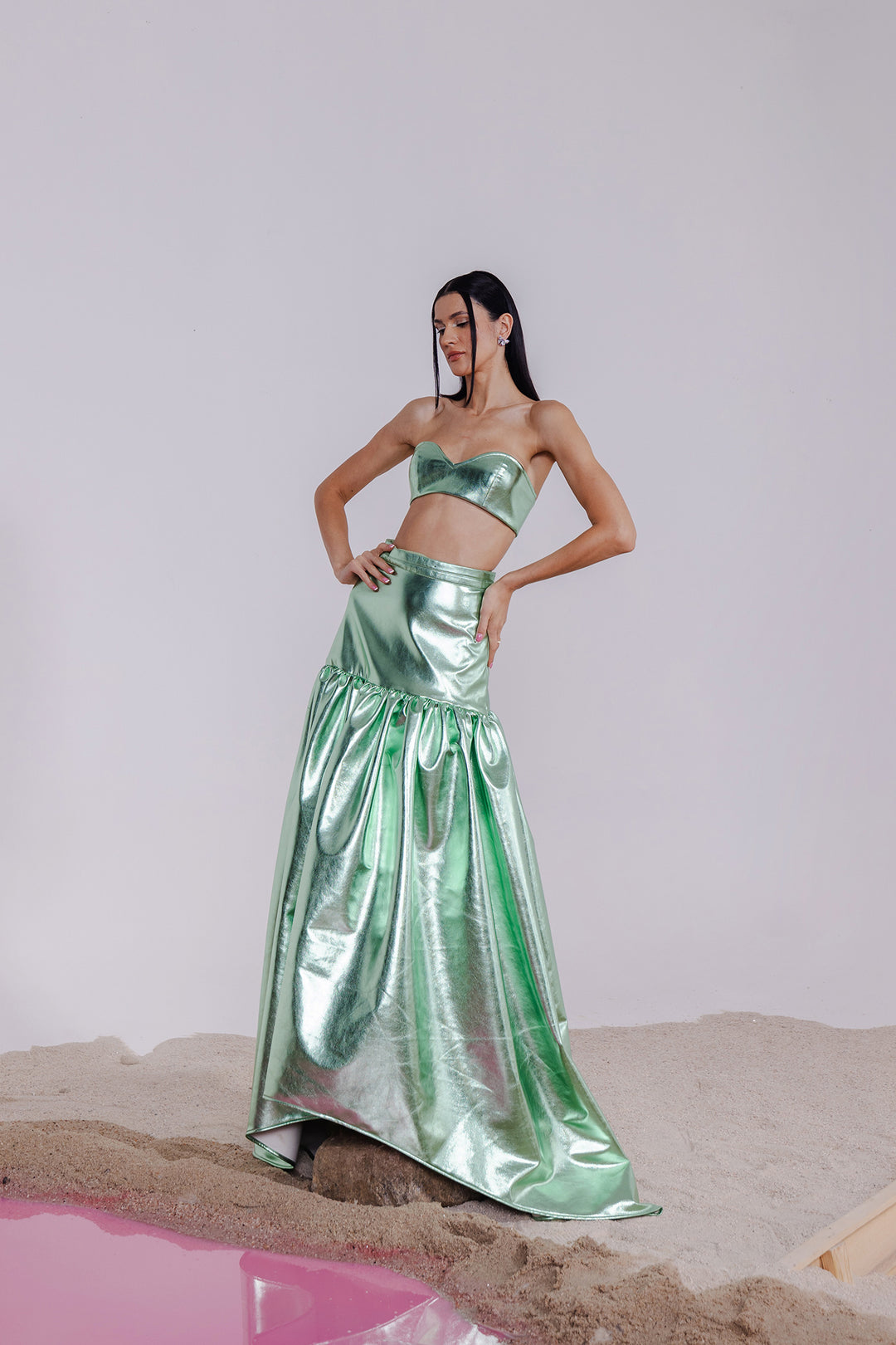 GREEN METALLIC BRALETTE & LONG SKIRT