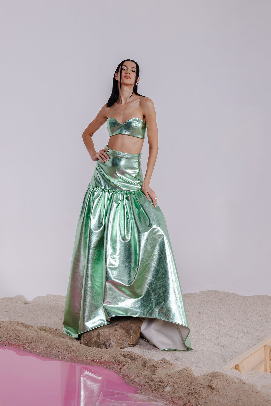 GREEN METALLIC BRALETTE & LONG SKIRT