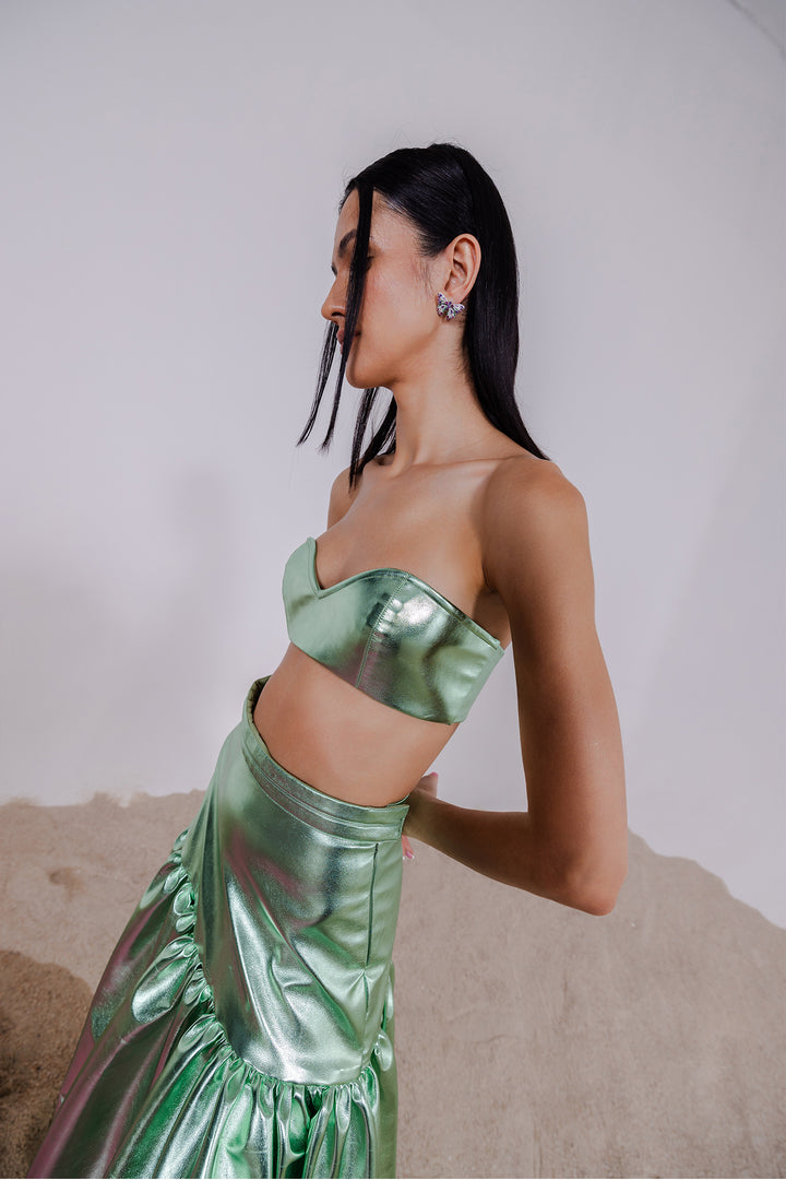 GREEN METALLIC BRALETTE & LONG SKIRT