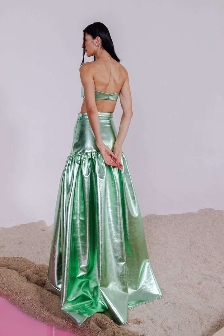 GREEN METALLIC BRALETTE & LONG SKIRT