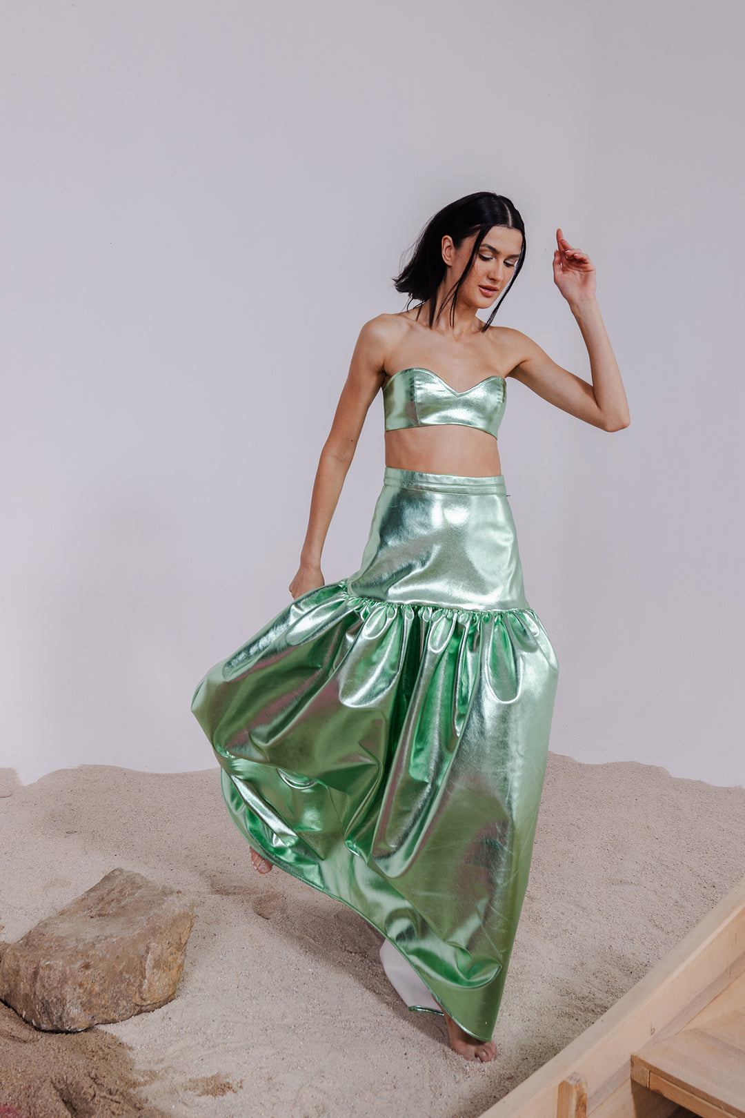 GREEN METALLIC BRALETTE & LONG SKIRT