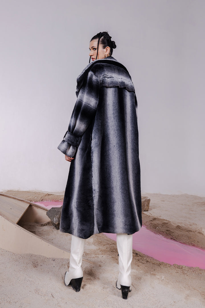 LEONA GREY &  BLACK OVERSIZED FUR JACKET WITH MATCHING ASSYMETTRICAL SHEATH DRESS