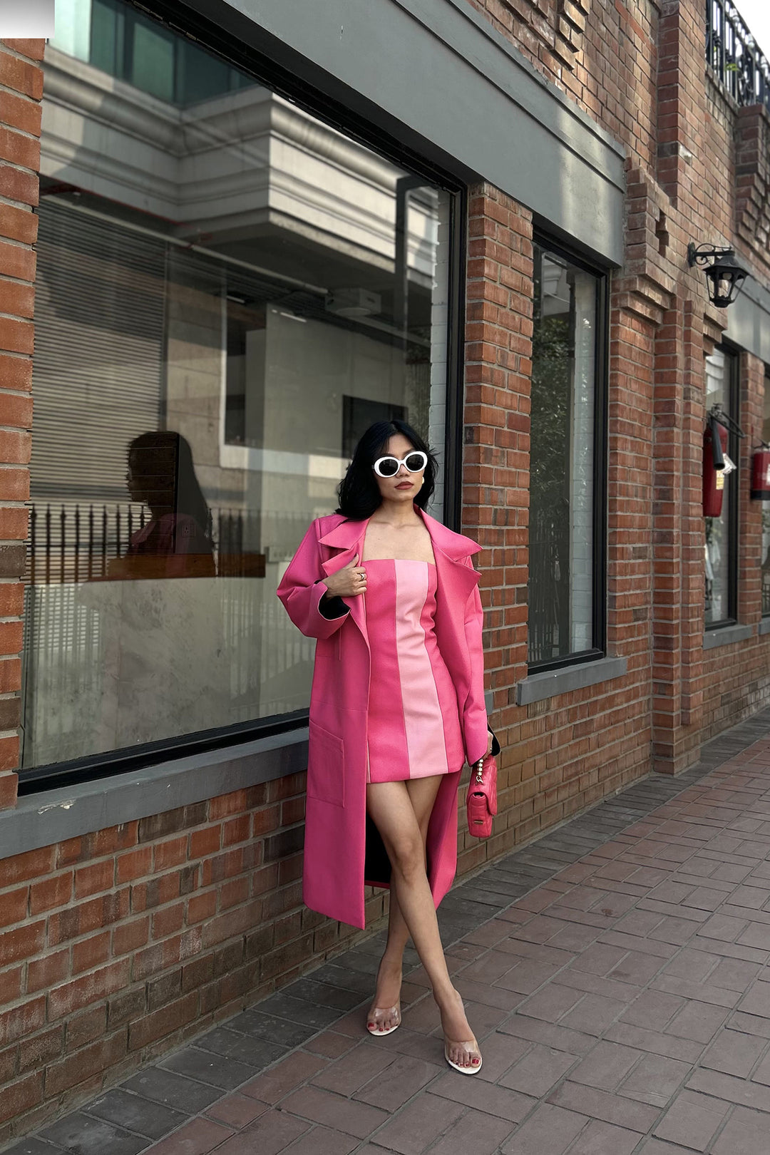 pink blazer with dress ELOISA PINK BLAZER WITH SHEATH DRESS – July Issue