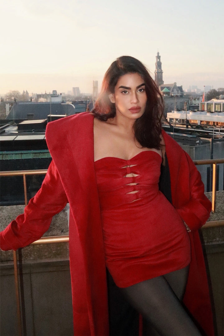 Plum Maroon Suede Trench Coat & Short Dress Set