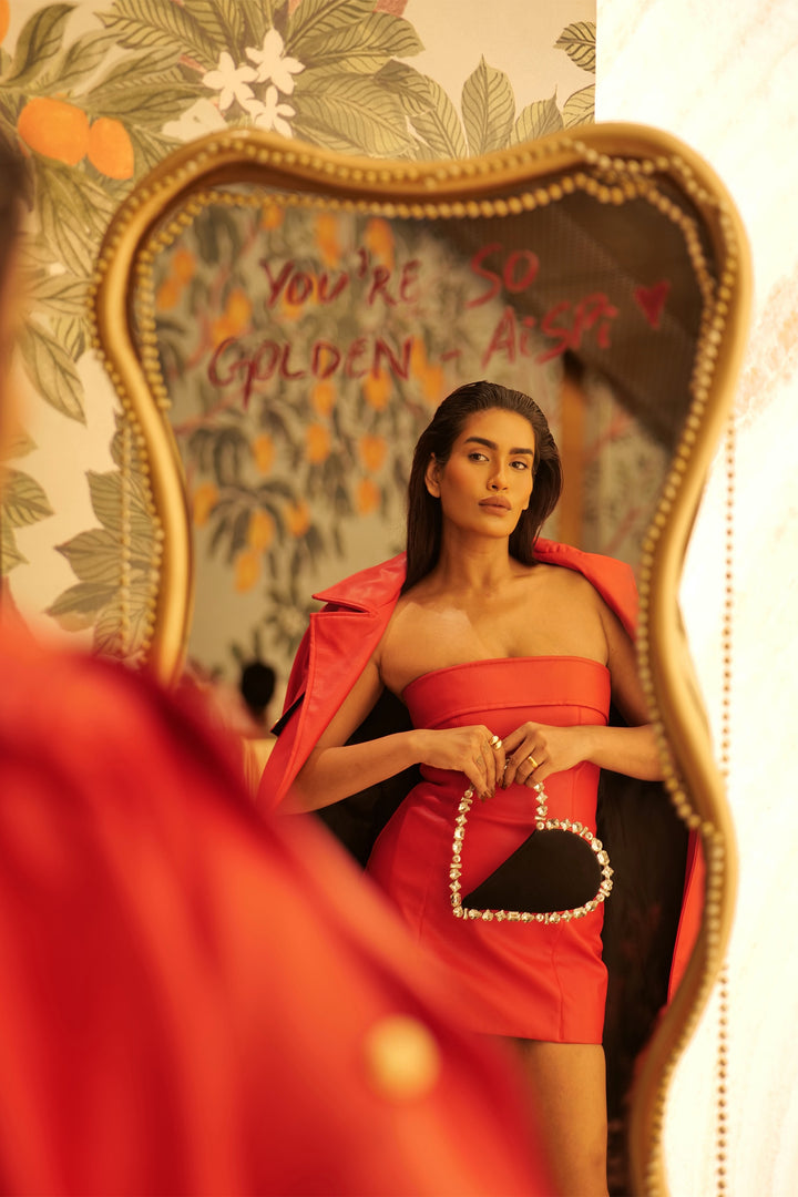 Crimson Red Faux Leather Trench & Short Dress Set