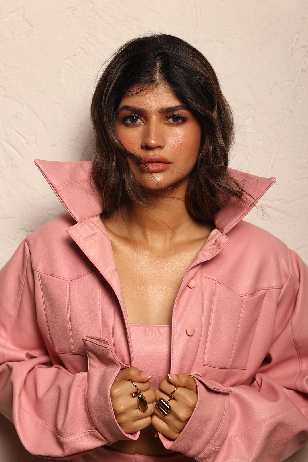 KOA BLUSH CROPPED JACKET WITH MATCHING BANDEAU & MINI SKIRT