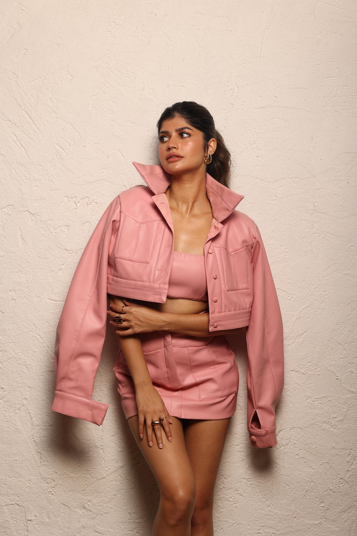 KOA BLUSH CROPPED JACKET WITH MATCHING BANDEAU & MINI SKIRT