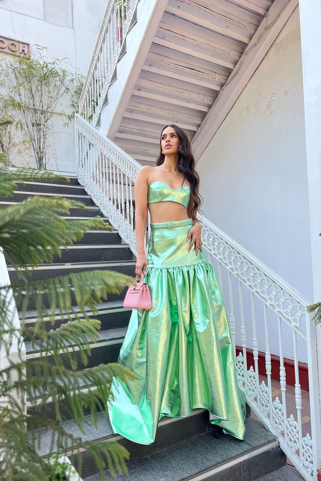 GREEN METALLIC BRALETTE & LONG SKIRT