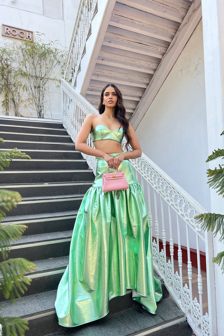 GREEN METALLIC BRALETTE & LONG SKIRT