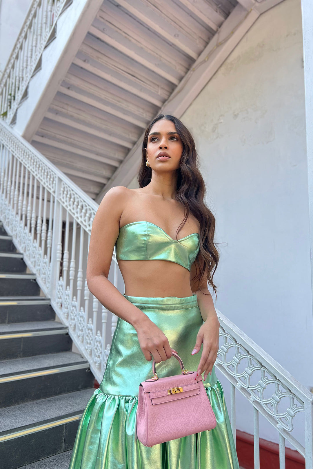 GREEN METALLIC BRALETTE & LONG SKIRT