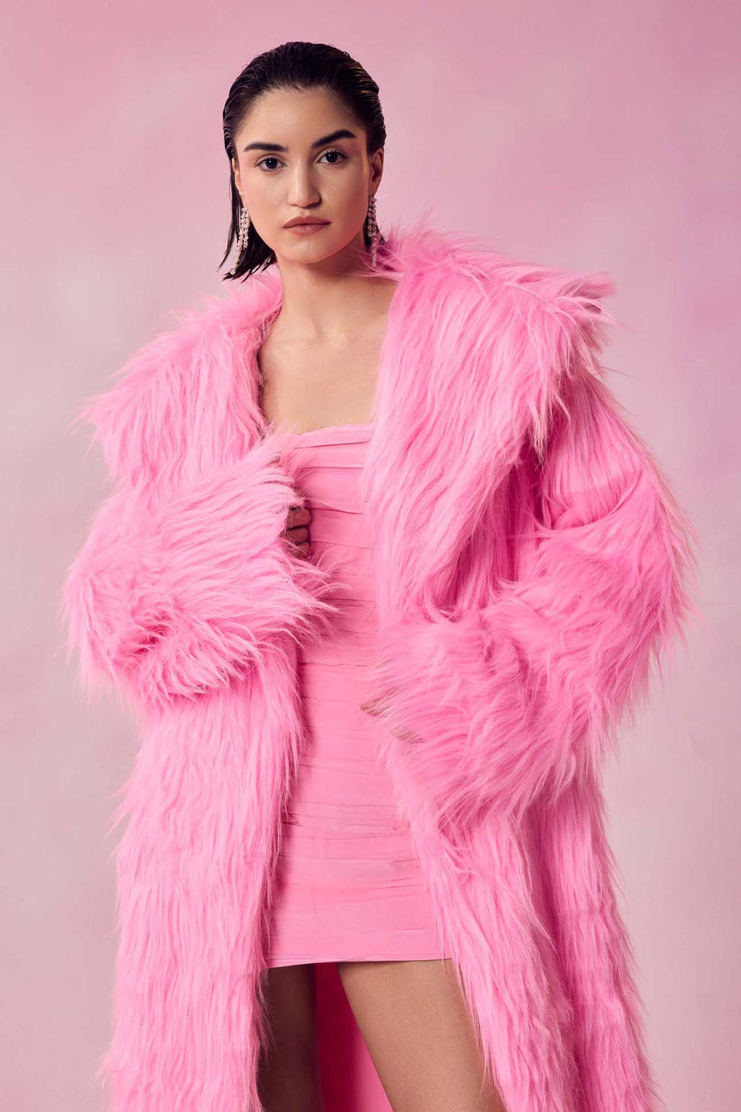 Flossy Fuchsia Pink Faux Fur Long Jacket & Ruched Dress Set