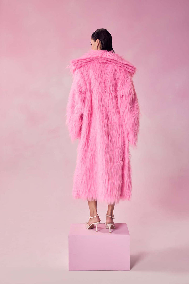 Flossy Fuchsia Pink Faux Fur Long Jacket & Ruched Dress Set