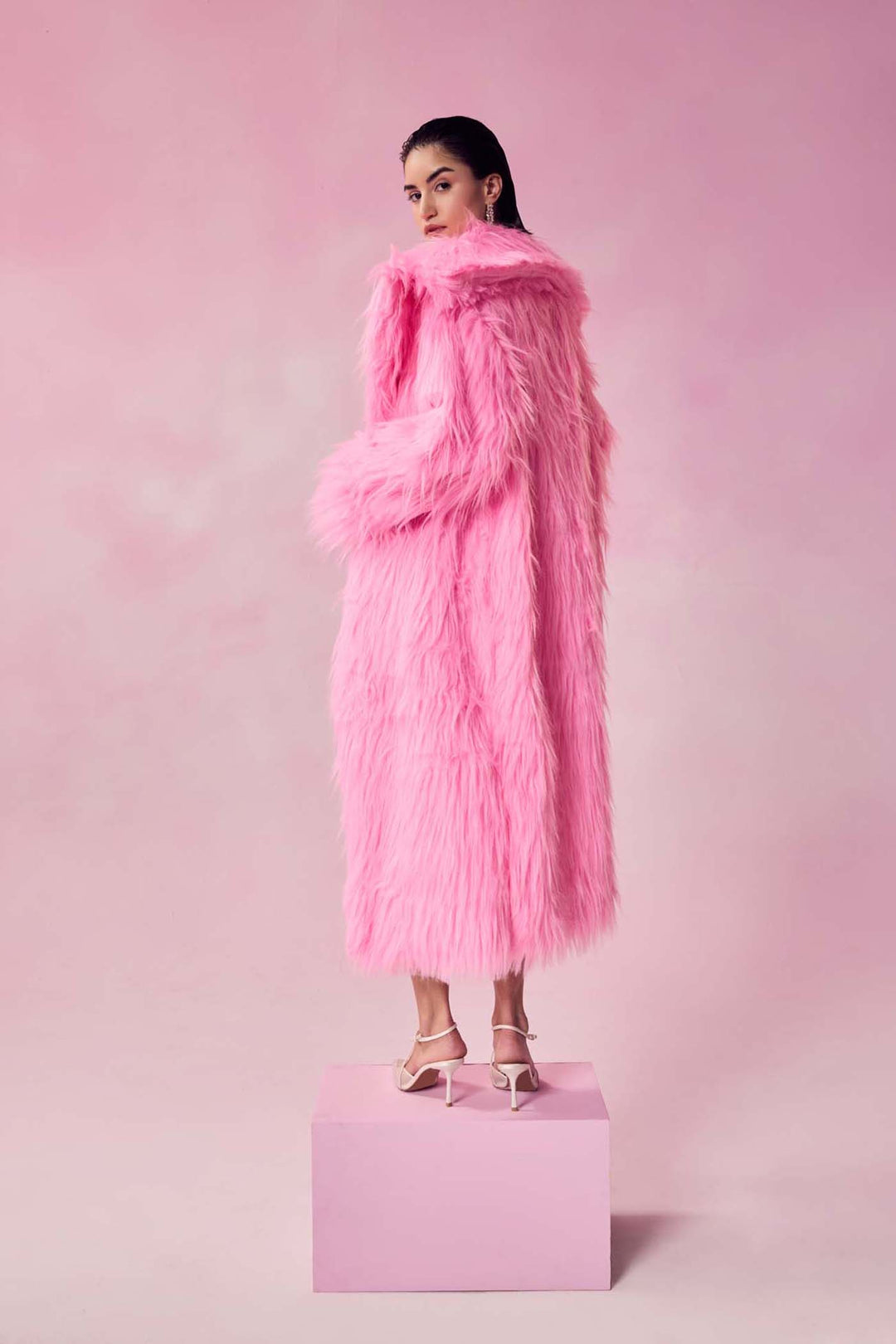 Flossy Fuchsia Pink Faux Fur Long Jacket & Ruched Dress Set