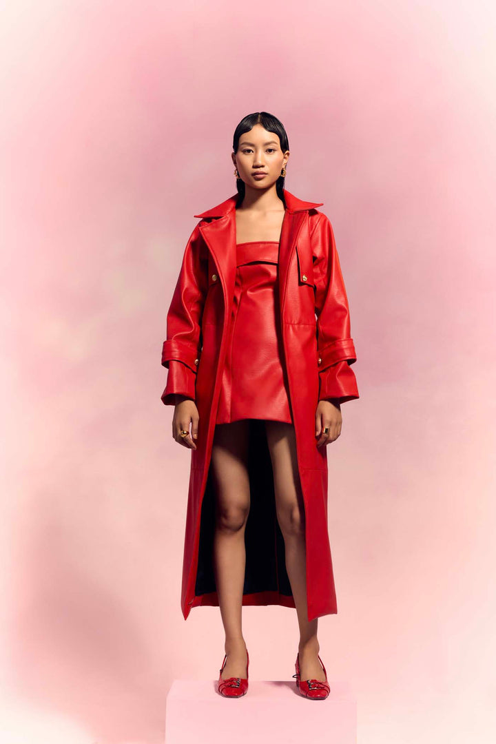 Crimson Red Faux Leather Trench & Short Dress Set