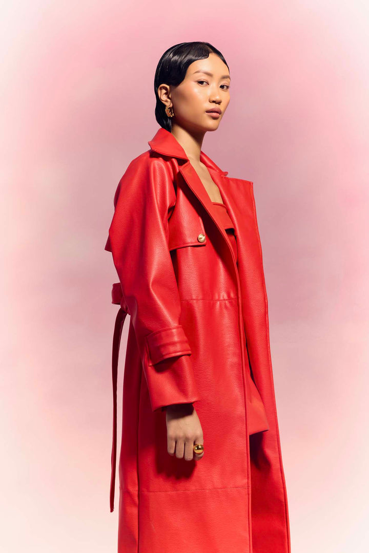 Crimson Red Faux Leather Trench & Short Dress Set