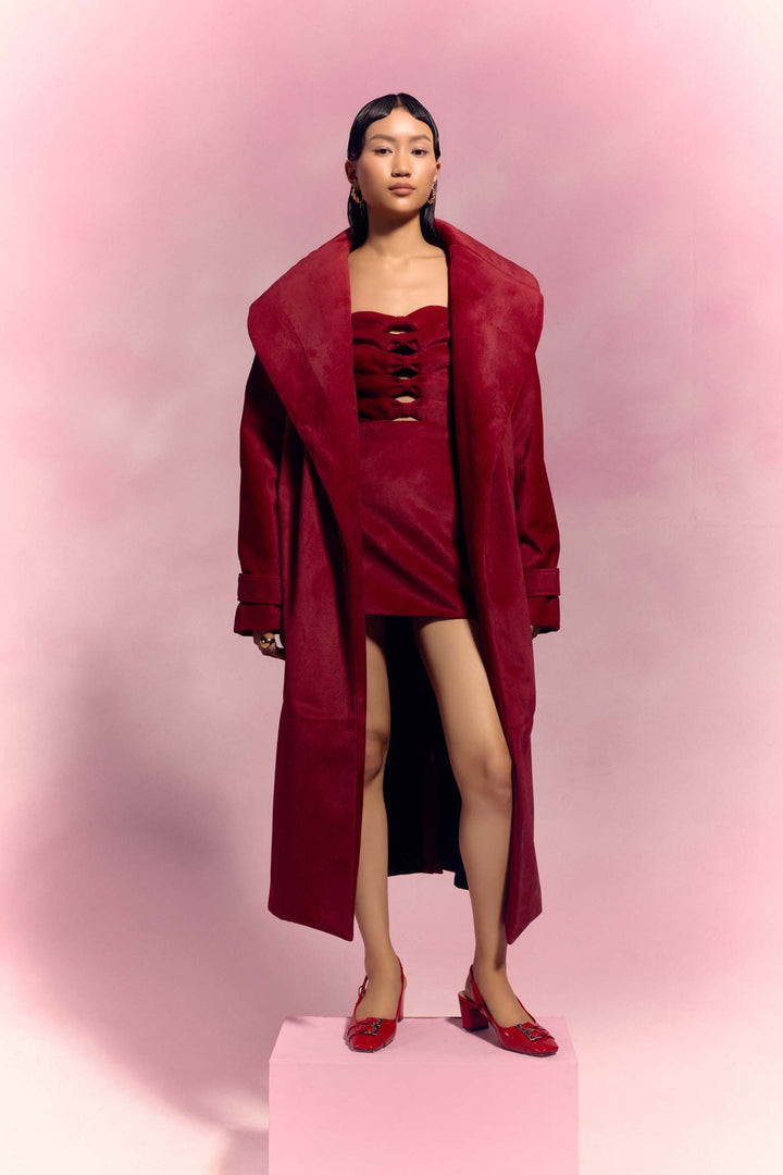 Plum Maroon Suede Trench Coat & Short Dress Set