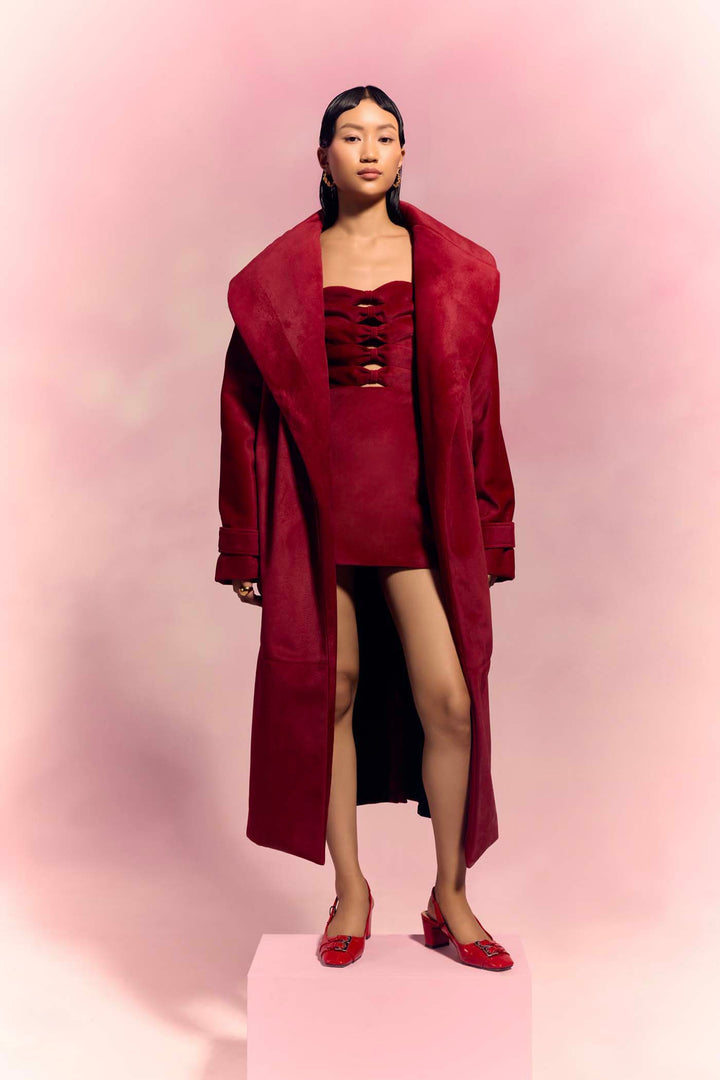 Plum Maroon Suede Trench Coat & Short Dress Set