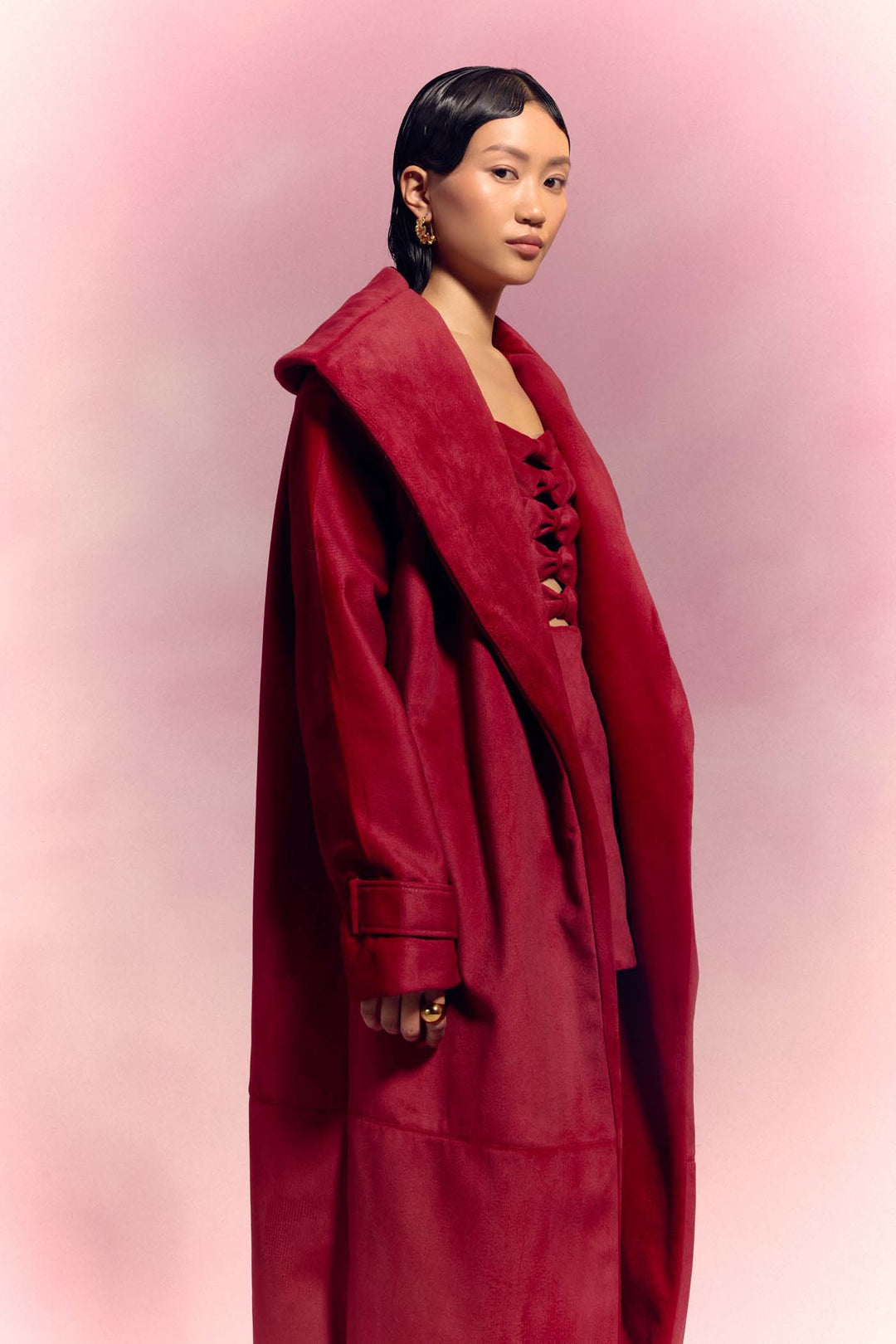 Plum Maroon Suede Trench Coat & Short Dress Set