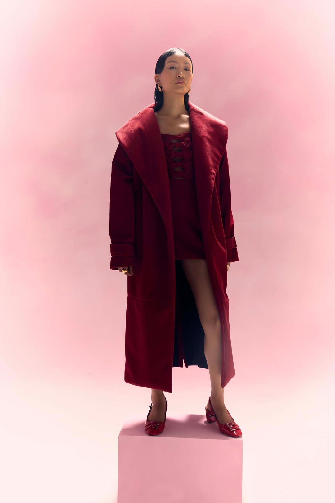 Plum Maroon Suede Trench Coat & Short Dress Set